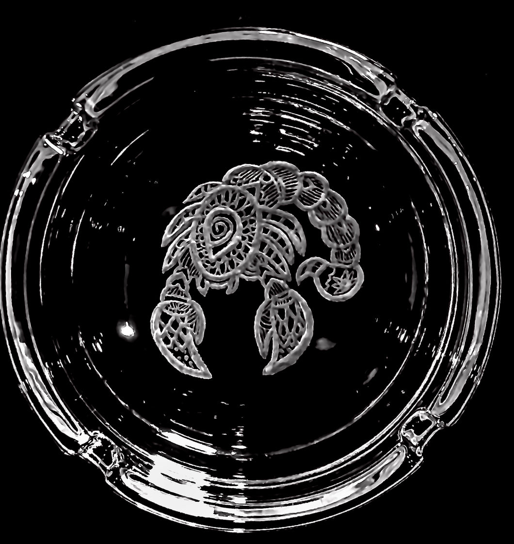 scorpio hand etched clear glass ashtray